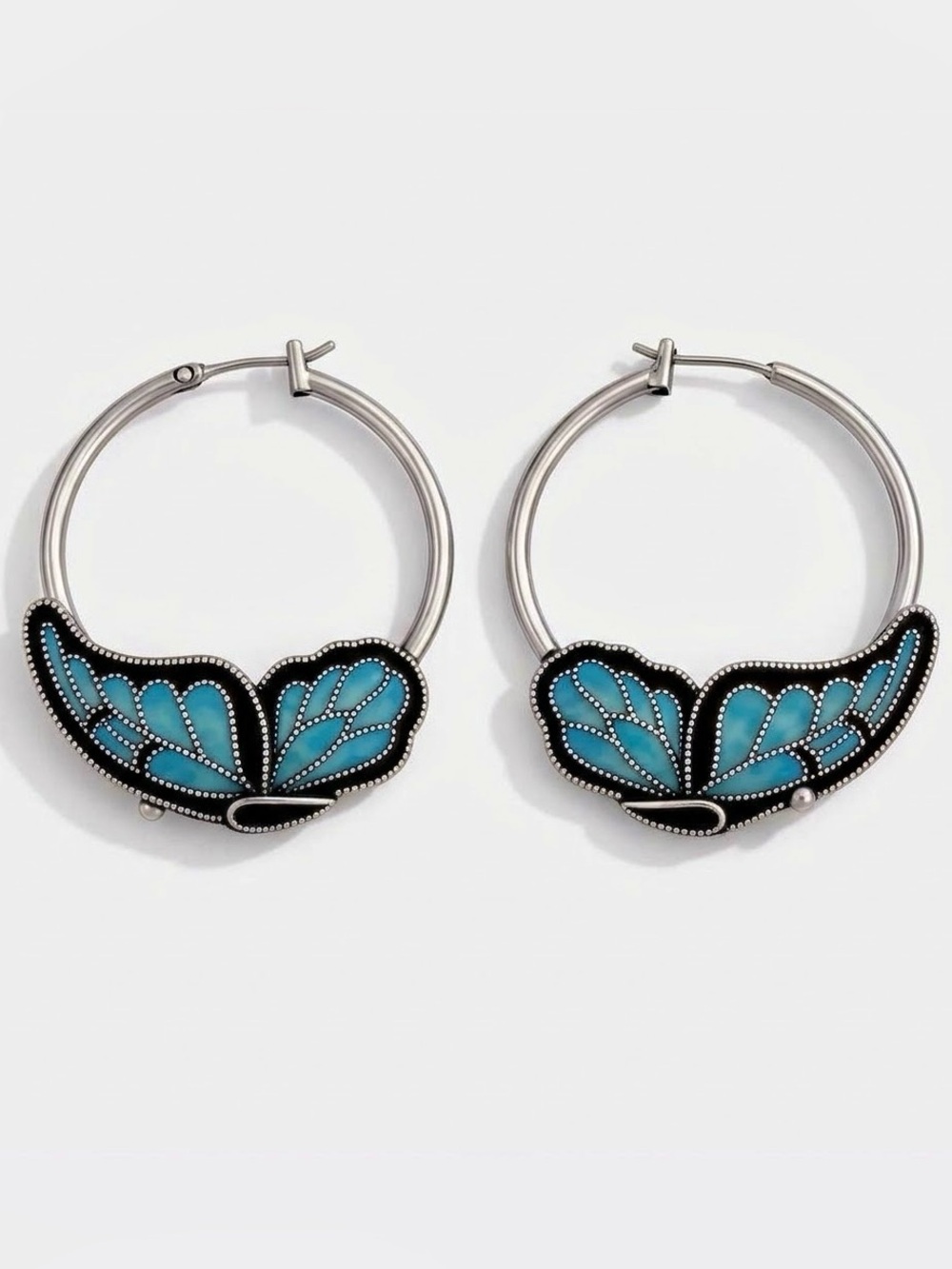 Sleeping Butterfly~ Ombre Painted Stained Glass Wing Wrapped Perched Silver Hoop